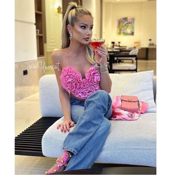 NWT Zara pink voluminous heart ruffle crop tank top medium m - Picture 4 of 10